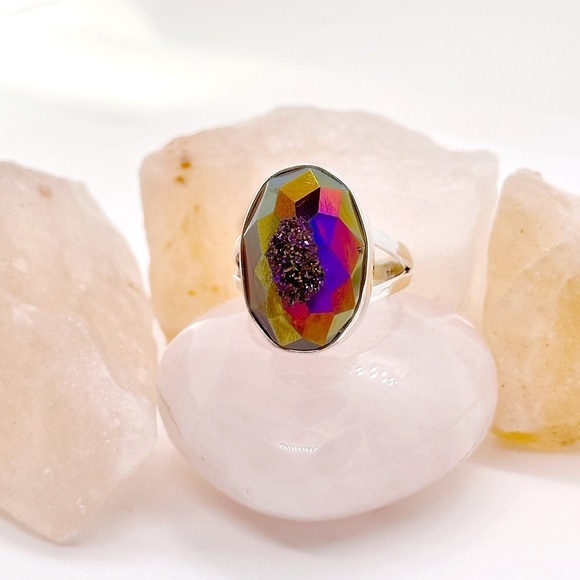 Ooak Sterling Silver Fractal Titanium Aura Druzy Geode Crystal Ring - Picture 4 of 4